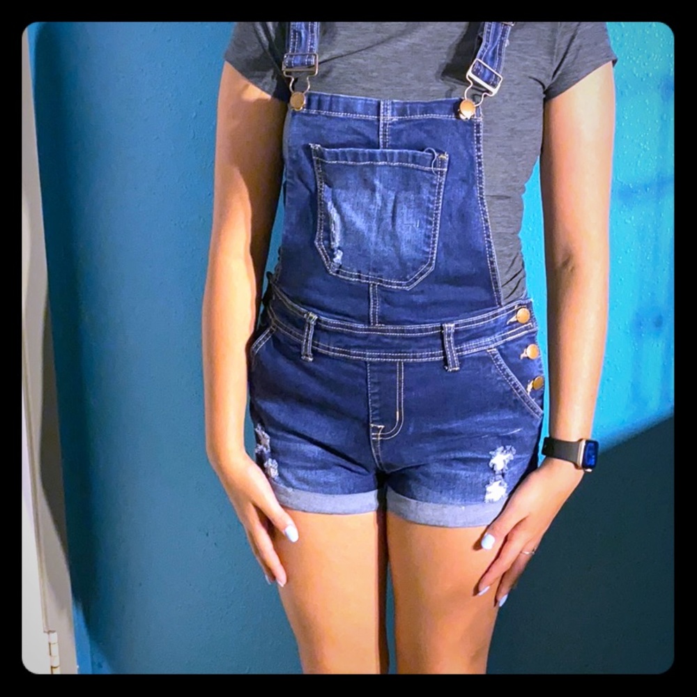 11. Denim overall shorts